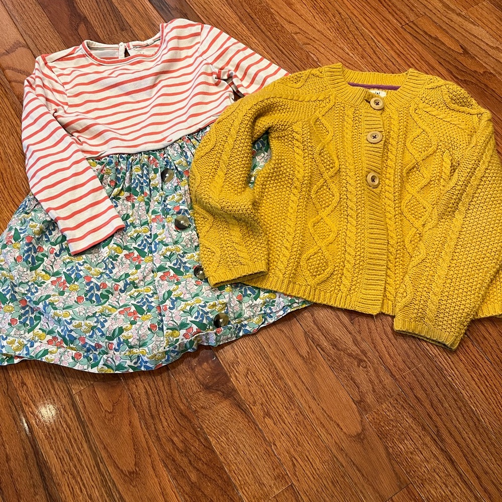 Mini Boden Girls’ Size 6-7 Years Striped and Floral Dress with Yellow Cardigan